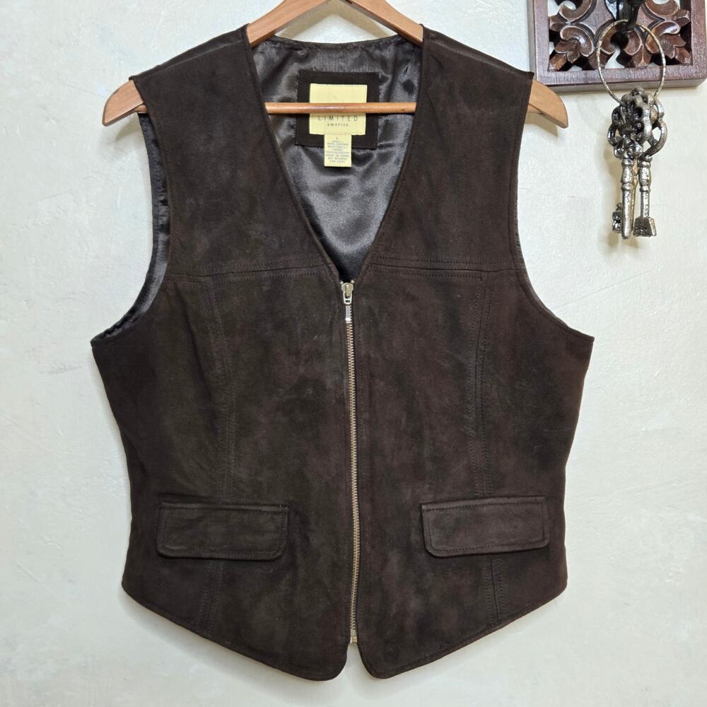 VTG 90s Limited 100% Suede Leather Chocolate Brown Zip Vest with Cinch Womens✨️L